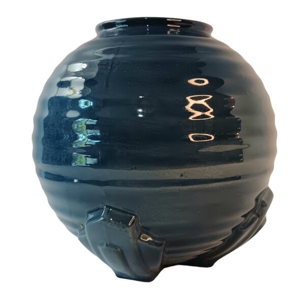 1930s Deep Blue Style Ribbed Geometric Design Art Deco Vase - Picture 10 of 14